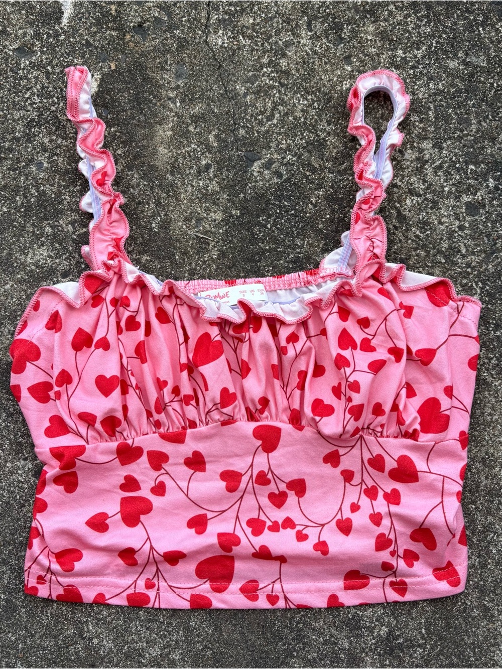 ROMWE Pink and Red Heart-Print Ruffle-Strap Bandeau